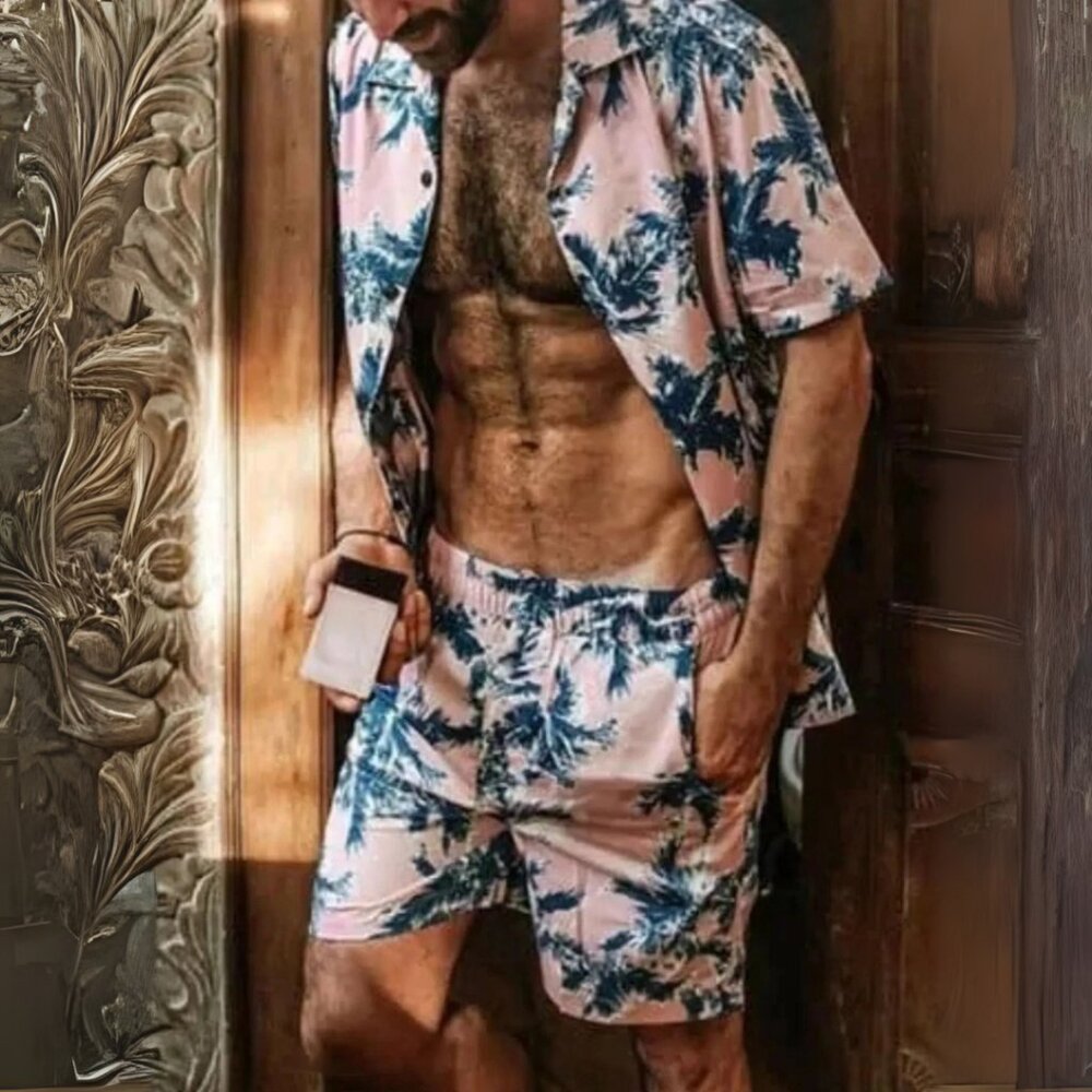 Men's Pink & Blue Tropical Print Button Down Short Sleeve Top & Shorts Outfit